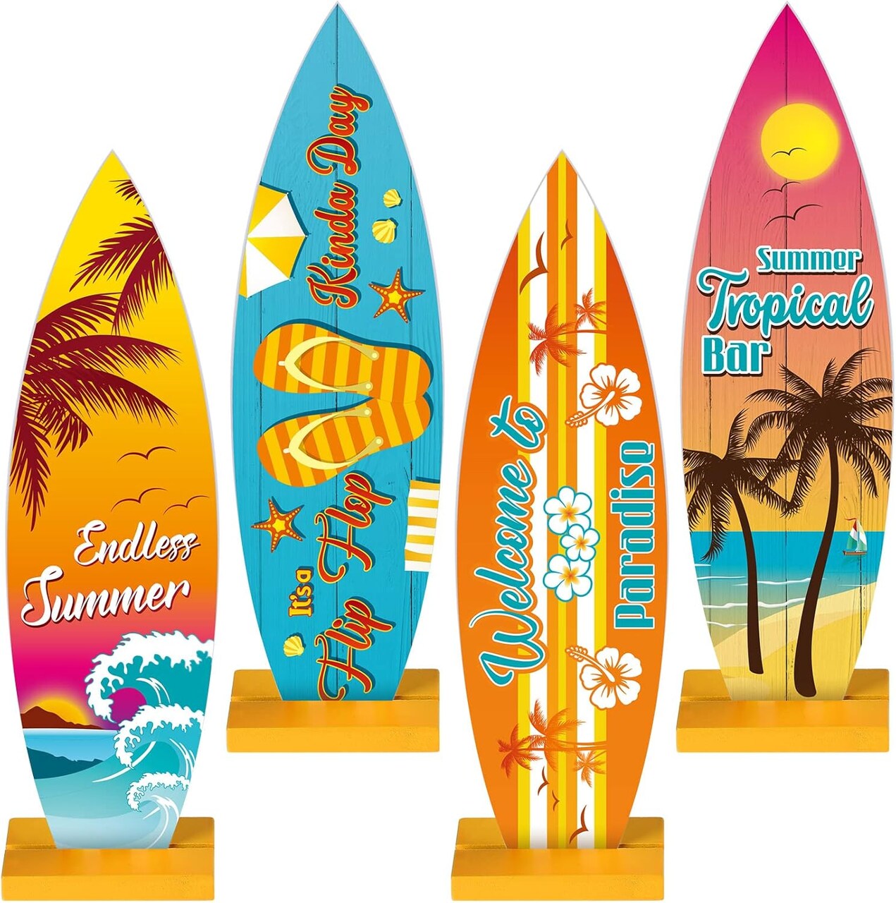 4 Pcs Surfboard Decorations for Party Surfboard Beach Signs Welcome to Paradise Sign Tropical Bar Table Centerpieces Endless Summer Wood Decor Flip Flop Letters for Home Decor(Tropical Style)